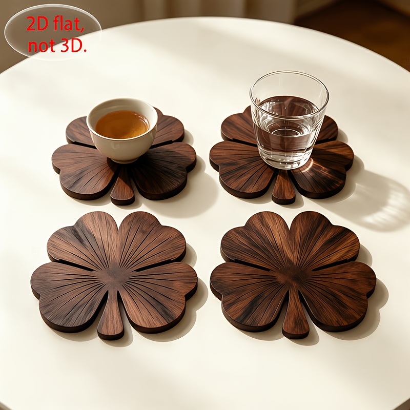 Coffee Tea Catering - 4Pcs 2D Flat Clover Wooden Coasters,