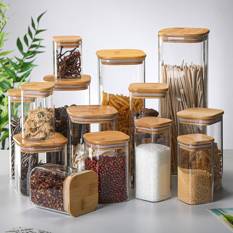 Coffee Tea And Sugar Canisters - Bamboo Glass Tins Transparent Storage Bottles